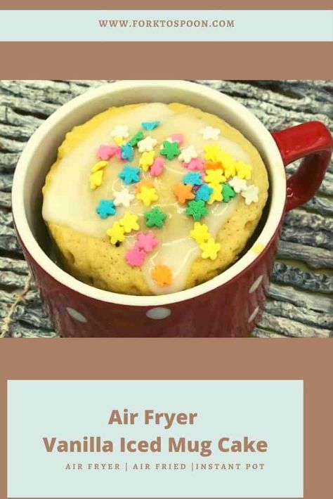 Air Fryer Single Serve Cake, Mug Cake In Air Fryer, Air Fryer Mug Cake Recipes, Air Fryer Mug Cake, Air Fryer Cakes Recipe, Vanilla Mug Cake, Air Fryer Cake Recipes, Single Serve Cake, Vanilla Mug Cakes