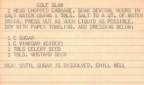 Vintage Cole Slaw Recipe Typed On Card Written Recipes, Slaw Recipe, Cole Slaw, Handwritten Recipes, Slaw Recipes, Coleslaw Recipe, Grandmas Recipes, Old Fashioned Recipes, School Food