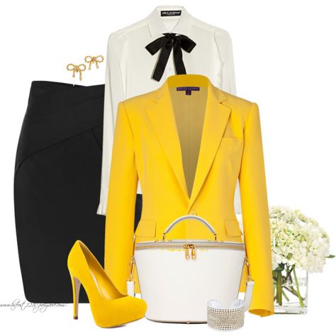 "* Sunshine Yellow & Black *" Yellow And White Outfits For Women, Yellow Blazer Outfit Classy, Yellow Blazer Outfit, Bow Outfit, White Outfits For Women, Yellow Blazer, Sassy Outfit, Yellow Shirt, Special Clothes