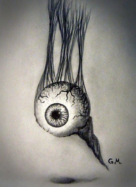 My drawing of a dangling eyeball. Pencil. Freehand, from imagination. Made using a mechanical pencil, compass, eraser pen and blending stump. Eyeball Drawing, Hard Drawings, Scary Eyes, Scary Drawings, Eyeball Art, Horror Drawing, Creepy Drawings, Scribble Art, Graphic Poster Art