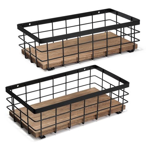 PRICES MAY VARY. [Dimensions]: 11.1"L x 5.8"W x 3.35"H. The basket fits two regular size paper towel or toilet rolls, perfect for your kitchen or bathroom storage. It’s also a fun storage solution for dryer balls, bath towels, wash cloths, or mason jars. [Wall Mounted]: All hardware required for wall mounting is included in the package. Hang this rustic basket in your bathroom, kitchen, living room, or bedroom for extra storage and homey decoration. [High-Quality Material]: The iron frame is made of rust-resistant material, so it is safe for you to use freely in your kitchen or bathroom. The base is made of solid wood: it is lightweight but durable and dirt-resistant. [Multiple Uses]: Coffee syrup bottles, sugar packets, and spices will look delightful in this shelf basket on your kitchen Basket For Toilet Paper, Metal Wire Basket, Kitchen Basket, Organizer For Bathroom, Rustic Baskets, Food Storage Organization, Wire Basket Storage, Coffee Bars In Kitchen, Toilet Paper Storage