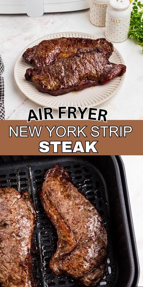 Making air fryer New York strip steak is the best way to get juicy steak in less than twenty minutes! You only need a few ingredients too! Strip Steak Air Fryer Recipes, Steak Tips Air Fryer Recipes, Ninja Air Fryer Steak Recipes, Air Fry New York Steak, Air Fry Strip Steak, Air Fry Ny Strip Steak Recipes, Stake In The Air Fryer, Air Fryer Ny Strip Steak Recipes, My Strip Steak Air Fryer