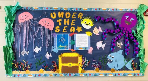 preschool under the sea bulletin board Under The Sea Display Board, Under The Sea Board, Octopus Bulletin Board, Under The Sea Bulletin Board Ideas Ocean Themed Classroom, Under The Sea Bulletin Board, Ocean Themed Bulletin Boards, Under The Sea Classroom Door, Under The Sea Bulletin Board Ideas, Sea Bulletin Board