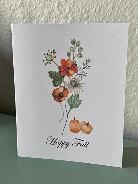 Fall Greeting Card, Pumpkin Greeting Cards, Fall Watercolor Cards, Thanksgiving card, Blank Cards, Handmade cards by DesignsbyAliA PURCHASE ONE CARD OR A SET OF 4 or 8 CARDS.   Choice of White or Kraft envelopes  Each card measures approximately 5.5x4.25 inches (when folded).   Beautiful printed watercolor art printed on white premium cardstock.  Option to select the greetings you would like printed on the front of the card(s): Happy Thanksgiving Happy Fall Fall blessings from our home to yours Fall Card Design, Fall Homemade Cards, Watercolor Thanksgiving Cards, Cute Thanksgiving Cards, Pumpkin Cards Handmade, Fall Cards Handmade Ideas, Thanksgiving Watercolor Cards, Fall Watercolor Cards, Autumn Cards Handmade