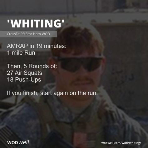 AMRAP in 19 minutes: 1 mile Run; Then, 5 Rounds of:; 27 Air Squats; 18 Push-Ups; If you finish, start again on the run. Hero Workouts, Crossfit Workouts Wod, Hero Wod, Wod Workout, Crossfit Wod, Gym Muscle, Air Squats, Hiit Training, Popular Workouts