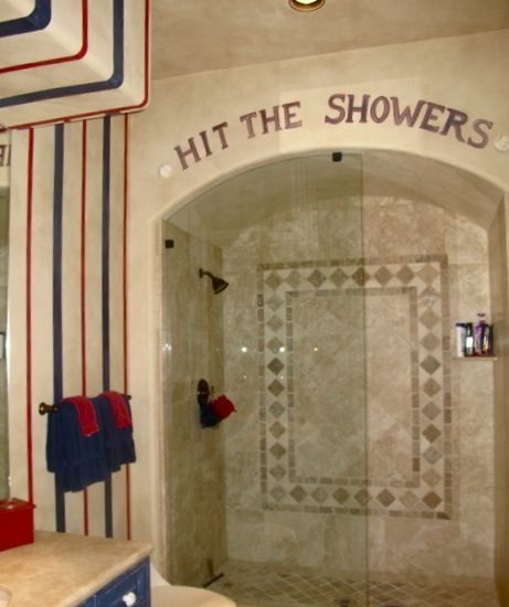 Sports Locker Room Bathroom, Boys Baseball Bedroom, Baseball Bathroom, Guy Bedroom, Sports Bathroom, Teen Bathrooms, Baseball Bedroom, Baseball Room, Boy Bath