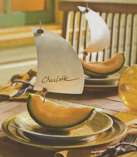 Cantaloupe sailboat Sailboat Parts, Decor Marin, Deco Buffet, Nautical Diy, Nautical Party, Summer Tables, Mod Wedding, Party Inspiration, Nautical Decor