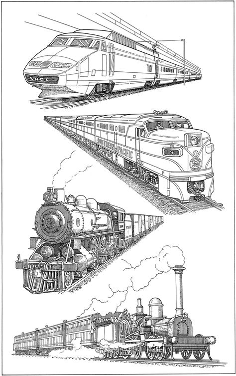 Welcome to Dover Publications Train In Perspective Drawing, Train Perspective Drawing, Train Drawing Sketches, Train Perspective, Anime Train, Train Drawings, Drawing Training, Train Sketch, Mobil Futuristik