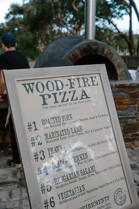 Woodfired pizza wedding signage                                                                                                                                                                                 More Pizza Bar Wedding Food Stations, Wedding Pizza Menu Sign, Pizza Truck Wedding Reception, Wood Fire Pizza Wedding, Wood Fired Pizza Wedding, Pizza Truck Wedding, Pizza Wedding Reception Ideas, Pizza Buffet Wedding, Pizza Wedding Reception