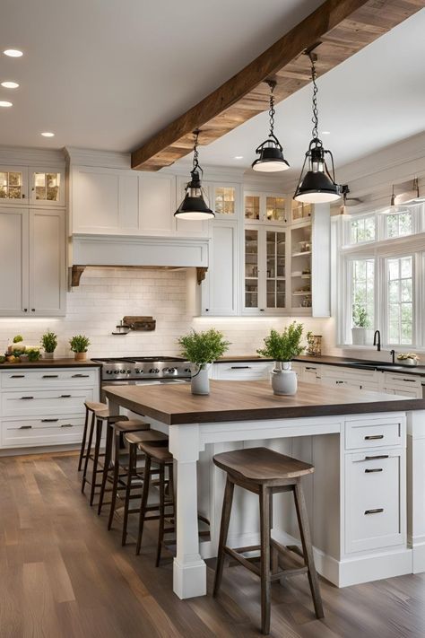 Vaulted Farmhouse Kitchen, Timeless Modern Farmhouse Kitchen, Modern Ranch Home Interior, Farmhouse Kitchen White Cabinets Wood Island, Modern Farmhouse Kitchen Design Open Concept, Wooden Beam Kitchen, Cozy Transitional Kitchen, Modern Ranch Kitchen Ideas, Rustic Modern Farmhouse Interior