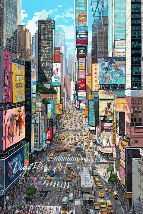 Are you someone who loves to travel and wants to bring a piece of New York City into your home? Our Times Square Print is the perfect wall art for you! This high-quality print features a beautiful watercolor painting of the iconic Times Square in New York City, USA. Important** 𝐃𝐎𝐖𝐍𝐋𝐎𝐀𝐃 𝐃𝐄𝐓𝐀𝐈𝐋𝐒 Please note this is an INSTANT DIGITAL DOWNLOAD  NO PHYSICAL PRINT will be shipped to your address  All files are 300 DPI for a high-quality print. The following sizes are included with you New York Billboards Times Square, New York Wall Print, Paintings Of Cities, Different Type Of Art Style, New York Art Drawing, Times Square Drawing, New York Art Painting, City Illustration Art, New York City Drawing