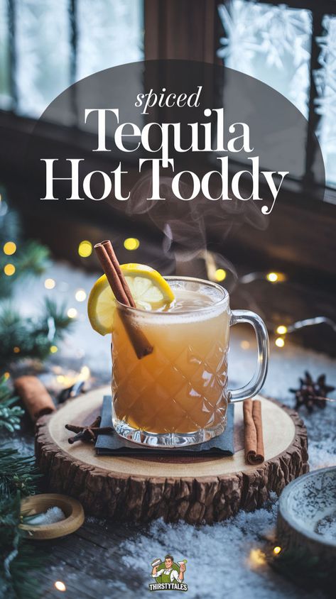 "Warm up with this delightful Spiced Tequila Hot Toddy Cocktail Recipe! Perfect for chilly evenings, this comforting drink combines smooth tequila with honey, cinnamon, and spices for a unique twist on the classic hot toddy. Ideal for cozy nights in or as a soothing beverage for colds, this hot toddy recipe is a must-try. Discover more cocktail recipes featuring tequila and elevate your drink game with this delicious hot toddy recipe." Hot Dr Pepper Recipe, Tequila Hot Toddy, Brandy Hot Toddy Recipe, Holiday Cocktails Tequila, Hot Toddy Recipe Whiskey, Hotty Toddy Drink, Warm Cocktails Alcohol, Cabin Cocktails, Hot Drinks With Alcohol