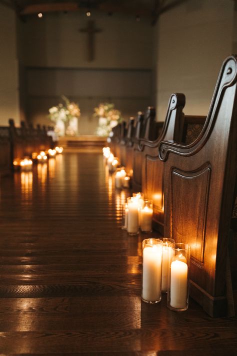 #wedding #flowers #florals #weddingflowers #whimsical #weddingday #weddingdress #weddingchapel Wedding Chapel Decorations Alter, Candle Lined Aisle Wedding, Candles Down Aisle Wedding, Wedding Aisle Decor Ideas, Simple Wedding Church Decorations, Wedding Aisle Decorations Candles, Candle Wedding Ceremony, Candle Lit Aisle, Candle Isle