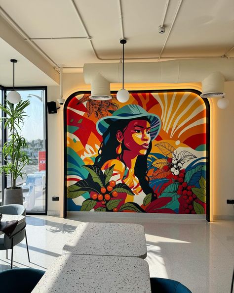 Introducing the newest mural painting at @juanvaldezcafe in Dubai! #ArtInDubai #ContemporaryArt #ColombianCulture #DubaiArtScene… | Instagram Mural Art Wall Painting, Mural In Restaurant, Wall Mural Inspiration, Painted Wall Murals Inspiration, Restaurant Mural Design, Cafe Mural Art, Instagramable Wall Ideas, Wall Painting Designs Creative, Cafe Painting Ideas