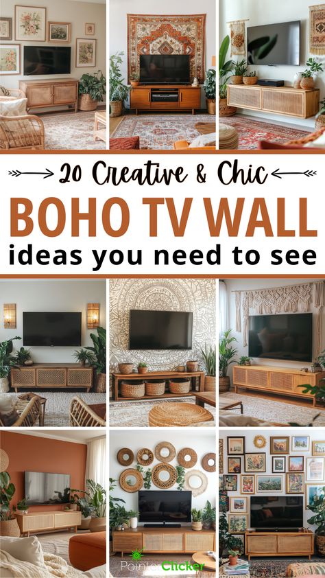 boho tv wall ideas Living Room Entertainment Center Ideas Small Spaces, Boho Rustic Wall Decor, Boho Credenza Decor, Green Accent Tv Wall, Living Room Decor With Tv On Wall, Styling Around A Wall Mounted Tv, Tv Sideboard Decor, Decor On Entertainment Center, Pictures Behind Tv