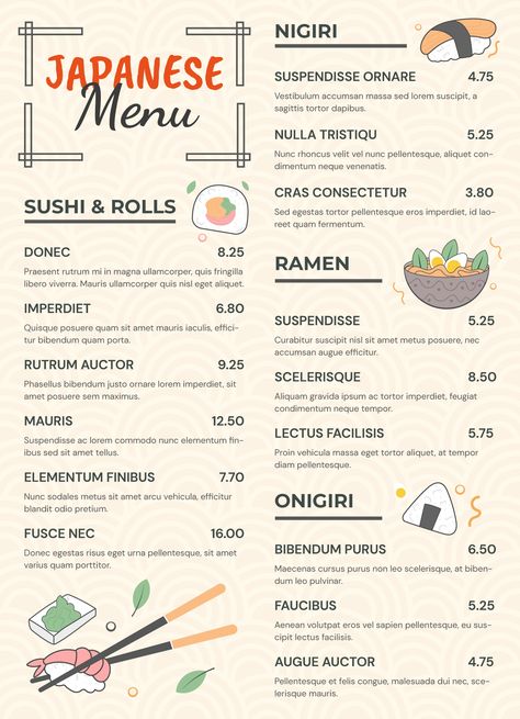 Japanese Food Menu, Japanese Restaurant Menu, Free Menu Templates, Japanese Dinner, Italian Menu, Japanese Menu, Food Menu Template, Fast Food Menu, Bar Menu Wedding