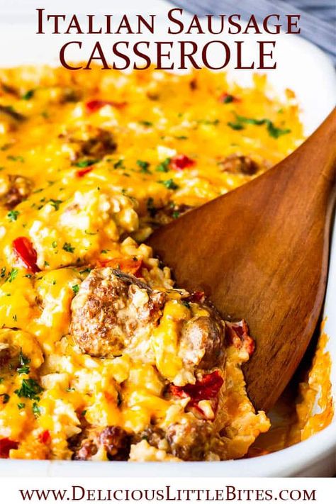 Italian Sausage Casserole is a spicy, cheesy combination of slices of hot Italian sausage, riced cauliflower, and a blend of cheeses. It's a low carb, keto friendly, gluten free meal that's easy to make and super tasty! You can use sweet or ground sausage, as well. | #hotsausage #italiansausage #sausagecasserole #keto #glutenfree Ground Italian Sausage Recipes, Italian Sausage Casserole, Ground Sausage Recipes, Sausage Casserole Recipes, Keto Italian, Sausage Recipes For Dinner, Sausage Rice, Sausage Dinner, Resep Pasta