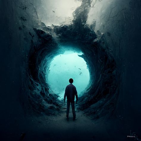 A man looking small compared to a big opening on a wall to a greenish light blue room. Represents the abyss and it's staring back. Staring Into The Abyss, Leap Of Faith Aesthetic, Dark Abyss Aesthetic, Up And Down, Leap Of Faith Art, Abyss Tattoo, The Abyss Art, It's A Leap Of Faith, Abyss Aesthetic