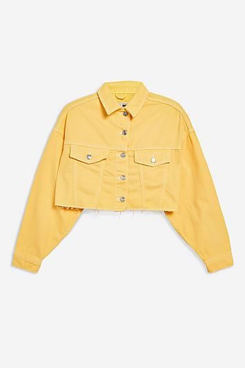 PETITE Yellow Hacked Denim Jacket Pakaian Crop Top, Jean Jacket Outfit, Diy Denim Jacket, Yellow Clothes, Jean Jacket Outfits, Yellow Denim, Denim Jacket Outfit, Trendy Hoodies, Yellow Jacket