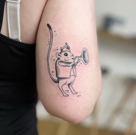 A black linework tattoo of one of the jumping mice from the movie ‘Coraline’ on the back of my upper arm. Coraline Jumping Mice Tattoo, Coraline Mouse Tattoo, Coraline Jumping Mice, Black Linework Tattoo, Coraline Cat Tattoo, Mice Tattoo, Jumping Mice, Jumping Mouse, Really Bad Tattoos