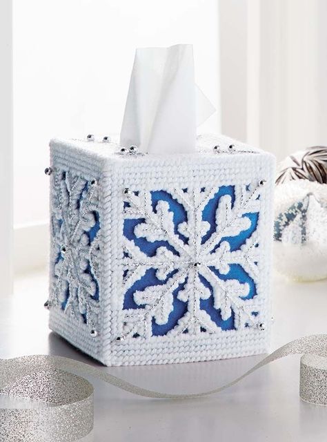 Mary Maxim - Snowy Winter Plastic Canvas Tissue box Cover - Plastic Canvas Plastic Canvas Tissue Box Cover, Plastic Canvas Box Patterns, Elegant Snowflake, Kleenex Box Cover, Mary Maxim, Kleenex Box, Christmas Arts And Crafts, Plastic Canvas Tissue Boxes, Plastic Canvas Christmas