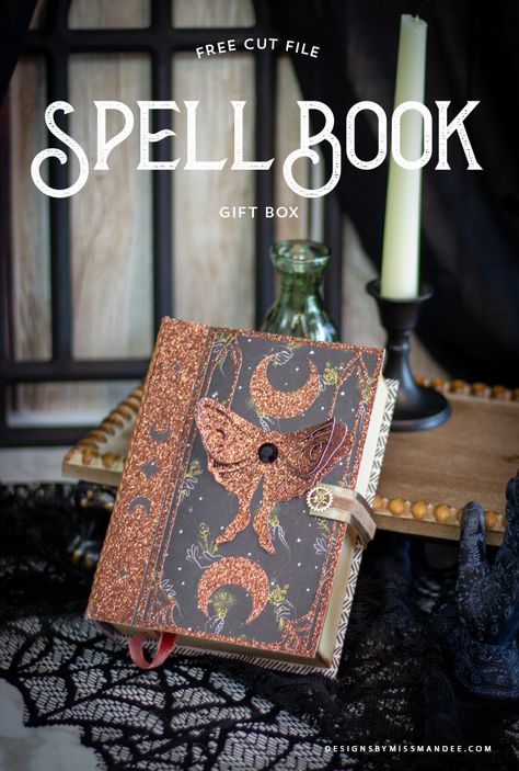 FREE Spell Book Gift Box – Halloween Cut File - Designs By Miss Mandee. Book, Cricut, cut file, decor, decoration, free, freebie, gift, gift box, Grimoire, Halloween, Halloween craft, haunted, magic, papercraft, party, present, secret compartment, silhouette, spell book, spooky, svg, witch, witchy. Diy Halloween Books, Harry Potter Tea Party, Halloween Paper Decorations, Box Templates Printable Free, Halloween Papercraft, Fun Halloween Decorations, Eye Of Newt, Box Template Printable, 3d Svg Files