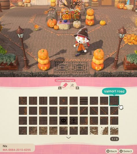 Acnh Autumn Road Design Code, Animal Crossing Fall Road Codes, Acnh Fall Road Designs, Halloween Path Codes Acnh, Acne Fall Path, Acnh Halloween Code Path, Acnh Island Tunes Fall, Halloween Paths Acnh, Acnh Halloween Brick Path