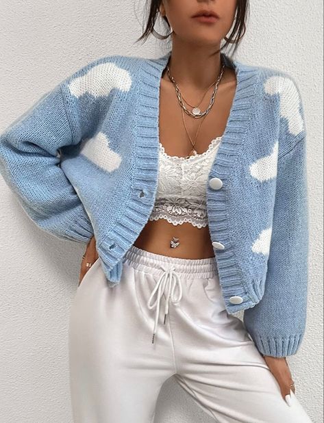 Fluffy Knit, Drop Shoulder Cardigan, Cloud Pattern, Cropped Cardigan Sweater, Party Dress Long Sleeve, Legging Sport, Button Sweater, Puff Sleeve Dresses, Self Design