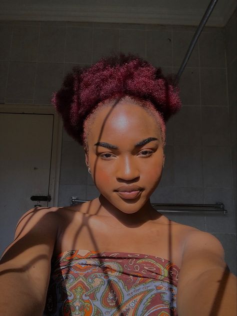 Wine Dyed Natural Hair, Burgundy 4c Natural Hair, Burgundy Short Hair Black Women, Afro Red Hair, Burgundy Afro, Burgundy Natural Hair, Styled Braids, Afro Hair Dye, Red Afro