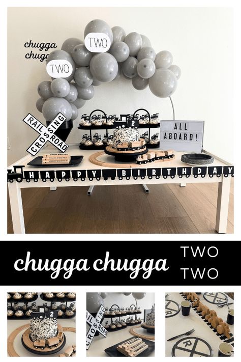 3 Year Train Party, Modern Train Birthday Party, Two Train Birthday Party, Chugs Chugga Two Two, Chugs Chugs Two Two Birthday, Chugga Chugga Two Two 2nd Birthday Cake, Boys 2nd Birthday Party Ideas, Two Two Train Birthday Party, Birthday Party Train Theme