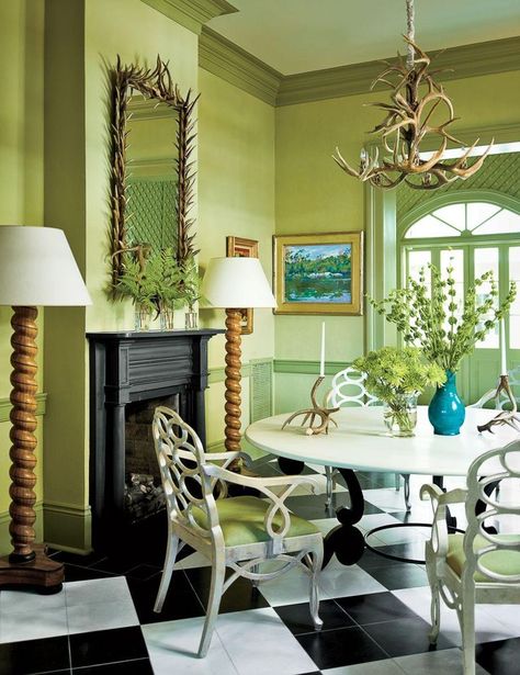 (736×955) Hampton Dining Room, White Dining Room Table, Traditional Dining Room Table, Creole Cottage, New Orleans Homes, Traditional Dining, Traditional Dining Room, Green Walls, Green Interiors