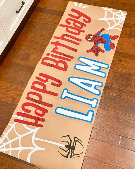 The cutest Spider-Man birthday banner!! ❤️🕷️🕸️ Diy Spiderman Party Decorations, Two Year Old Spiderman Party, Spiderman Party Game, Spiderman Birthday Decorations Ideas, Spidey 1st Birthday Party, Spidey Second Birthday, Diy Spider Man Party Ideas, Spiderman Birthday Party Aesthetic, Spidey Birthday Party Games