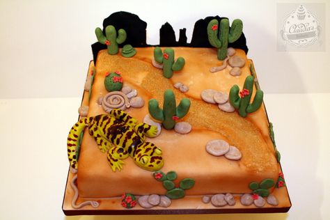 Desert Themed Cake With Handmade Cactus And Gecko By Claudia's Bakery Desert Theme Birthday Cake, Desert Theme Cake Ideas, Desert Themed Cake, Desert Cake Theme, Sheet Cakes Decorated, Birthday Desert, Racing Cake, Camping Cakes, Truck Birthday Cakes