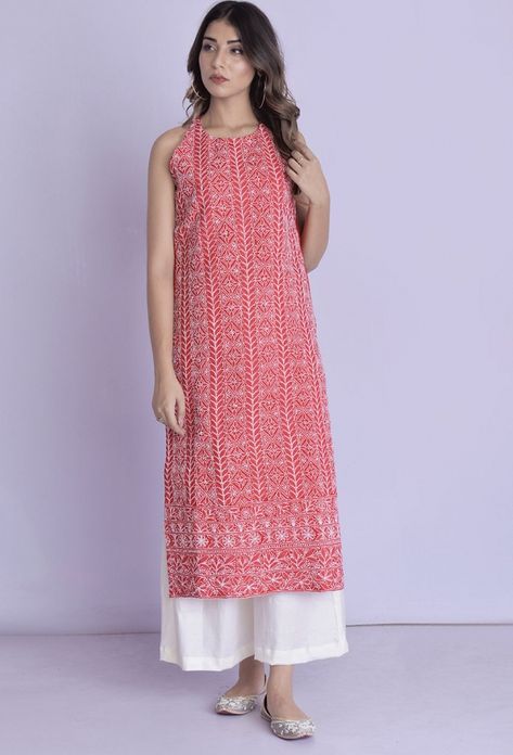 Red Halter Neck Chikankari Kurta Palazzo Without Sleeves Kurti Designs, Red Chikankari Kurti, Red Chikankari Kurta, Kurti With Palazzo, Kurta Palazzo Set, Indian Kurti Designs, Chikankari Kurta, Chikankari Embroidery, Chikankari Kurti