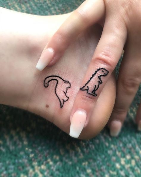 Small Tattoos For 4 Best Friends, Matching Non Matching Tattoos, Cute Bestie Tattoos Small, Cute Best Friend Tattoos Small, Matching Dinosaur Tattoos, Best Friend Tats, Small Friend Tattoos, Best Friends Tattoo Ideas, Small Dinosaur Tattoo