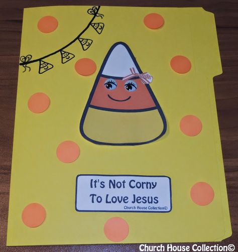 Church House Collection Blog: Candy Corn Folder Craft For Kids: "It's Not Corny To Love Jesus" Faith Warrior, Cheap Fall Crafts For Kids, Romans Road, Prek Learning, October Lessons, Adventure Room, Sunday School Coloring Pages, Christian Halloween, Nursery Crafts