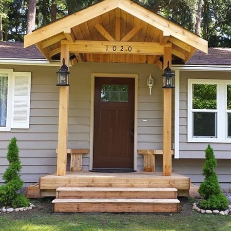 Love this front porch!! Front Door Porch Addition, Front Porch Eaves, Front Porch Ideas With No Roof, Small Porch Awning Ideas, Outside House Design Front Porches, Roof Over Front Porch, White House Wood Front Porch, Portico Entry Bungalow, How To Build A Small Front Porch