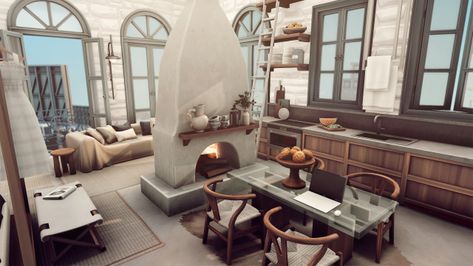 Modern Mediterranean apartment Sims 4 Mediterranean, Sims 4 Werewolves, Mediterranean Apartment, Mediterranean Furniture, Brutalist House, Sims 4 City Living, The Sims 4 Lots, San Myshuno, Modern Mediterranean