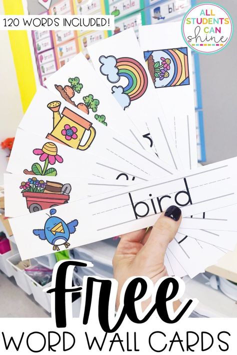 Looking for a classroom freebie that will simplify your writer's workshop and writing center in primary grades? These free word wall cards cover a lot of common seasonal words, and there are 120 words total! Spring Word Wall Words Free, Word Wall Preschool Free Printables, Sight Word Wall At Home, Word Wall Printables Free, Prek Word Wall Ideas, Free Word Wall Printables, Writing Center Bulletin Board Preschool, Preschool Focus Wall Printables Free, Word Wall For Preschool