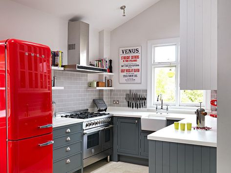 Kitchen cabinets in Mercury by Fired Earth complement the splash of red! [Design: Williams Ridout] Red Smeg Kitchen Ideas, Red Fridge Kitchen Design, Red Fridge Kitchen, Red Fridge, Red Refrigerator, Dapur Mini, Small Kitchen Ideas On A Budget, Colonial Kitchen Remodel, Tiny Farmhouse