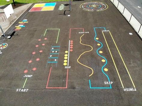 Playground sensory trail for Elementary Schools Hopscotch Ideas Sidewalk Paint, Floor Sensory Path, Cute Hopscotch Ideas, Sensory Walking Path In School Outside, Preschool Playground Activities, Playground Blacktop Painting, Playground Sensory Path, Playground Games Painted, Chalk Sensory Path