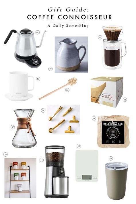 A gift guide for the coffee-lover in your life, with beautiful, functional tools and accessories. #giftsforcoffeelovers #slowcoffeesupplies #coffeesupplies #pourover #coffeelovergifts #coffeeloversgiftbasketideas #coffee #chemexlover #coffeeconnoisseurgifts Coffee Equipment Products, Coffee Accessories Products, Coffee Shop Accessories, Coffee Accessories Gift Ideas, Coffee Lover Gifts Basket, Coffee Items, Coffee Tools, Beverage Bar, Coffee Supplies