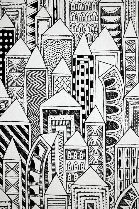 'Skyscraper' Quirky abstract archival quality Art Print. Open Edition. The original design for this print has been hand drawn using Rotring technical pens and then made into lovely prints using pigment quality ink onto soft white cotton 280gsm fine art paper. All prints are available in A5, A4 and A3. They are personally signed by me and come packaged in cellophane with a board backing to prevent bending or creasing. Prints are shipped in 3-5 business days. Frames, mounts and furniture are not i Stylo Art, Fineliner Art, Doddle Art, Zen Doodle Art, Quirky Illustration, Black And White Art Drawing, Seni Origami, Line Art Design, Easy Doodles Drawings