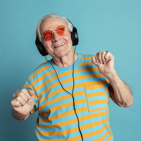 Happy senior man dancing while listening to music with headphones | premium image by rawpixel.com / McKinsey Person Listening To Music Reference, People With Headphones, Person Listening To Music, Happy People Photography, People Listening To Music, Happy Old People, Listening To Music With Headphones, Punk Collage, Music With Headphones