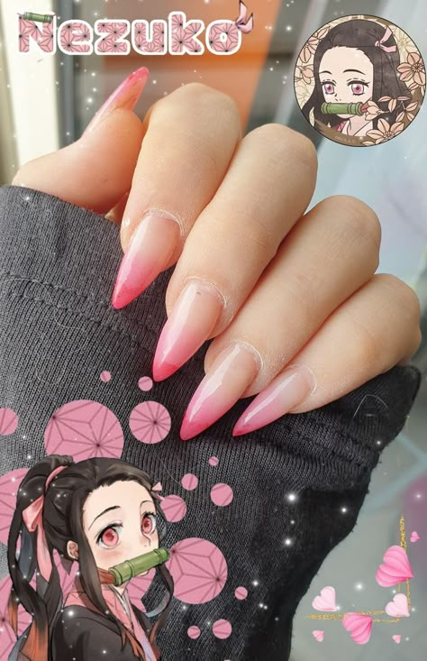 Mitsuri Nails Acrylic, Pink Anime Nails, Demon Slayer Nails Nezuko, Nezuko Inspired Nails, Mitsuri Nails, Uñas Demon Slayer, Aesthetic Nails Acrylic Summer, Nezuko Nails, Demon Slayer Nails