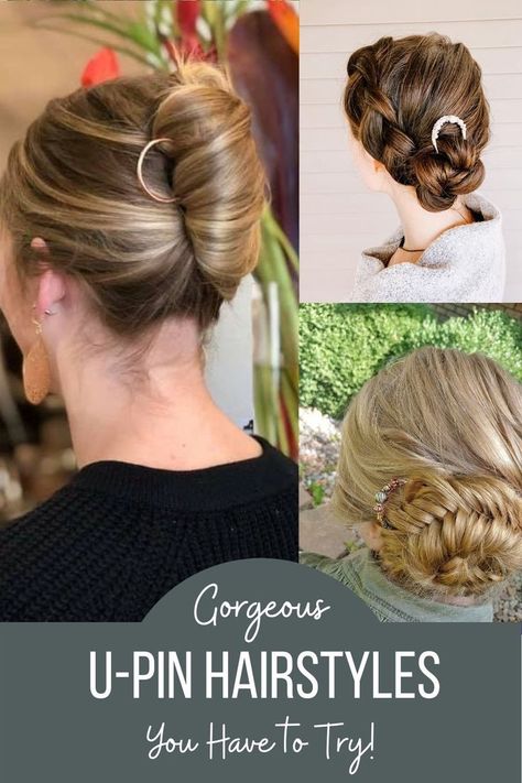 You will love these hair pin hairstyles! U-pins, also called French pins, are large, u-shaped hair pins that hold a ton of hair securely and comfortably. Click to check them all out, learn how to use hair pins, and how to get a decorative hair pin of your own so you can do your own gorgeous U-pin hairstyle! Hair Pins For Thick Hair, U Shape Hair Pins Hairstyles, How To Use U Pins Hair, Hair Pin Styling, U Shaped Hair Pin Hairstyles, How To Use A Chignon Pin, French Hair Pins Hairstyles, French Pin Hairstyles Tutorial, Hair Pin Updo