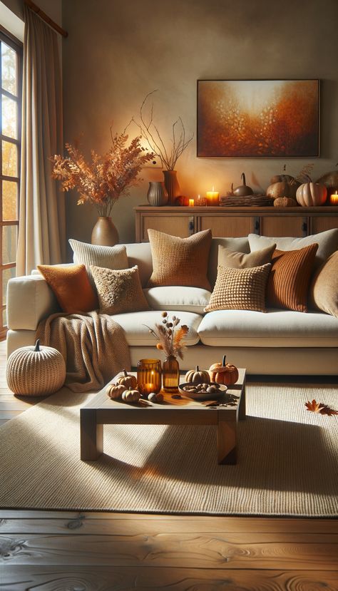 A warm, autumn-themed living room with a beige sectional sofa and cozy throw draped over the arm. The coffee table is adorned with seasonal decorations. Light enhances the room's cozy ambiance. Autumn Inspired Interior Design, Cognac Living Room Color Schemes, Cozy Brown Couch Living Room, Living Room Hygge Style, Neutral Living Room With Red Accents, Tan Living Room Furniture, Tan Couches In Living Room, Autumn Inspired Living Room, Neutral Living Room Wall Color