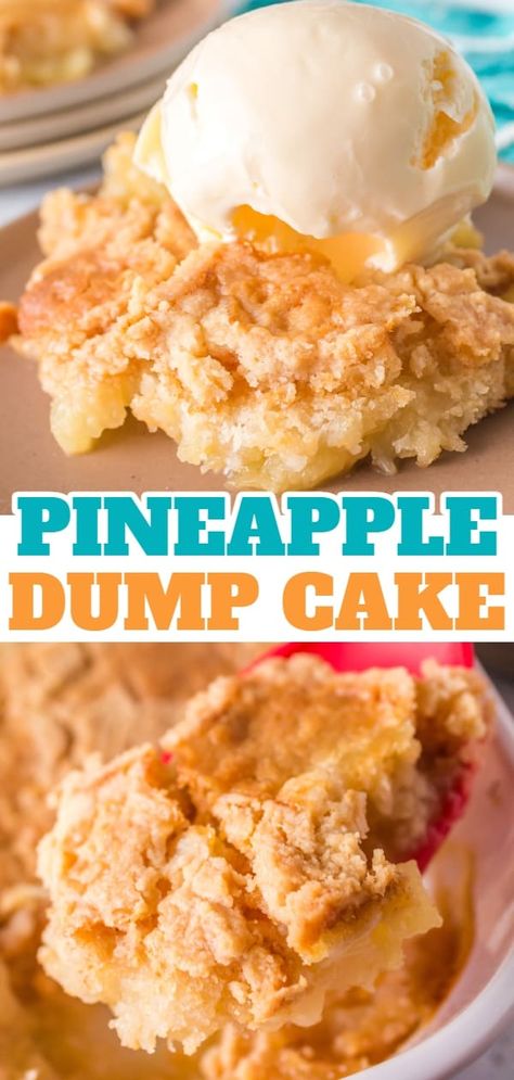 Pineapple Dump Cake is an easy dessert recipe using canned pineapple and boxed cake mix. Spice Cake Mix Recipes With Pineapple, White Cake Pineapple Dump Cake, Crockpot Pineapple Dump Cake, 2 Ingredient Pineapple Cake, Yellow Cake Mix With Pineapple, Hawaiian Dump Cake, Peach Pineapple Dump Cake, What To Make With Canned Pineapple, Pinapple Cake Dump