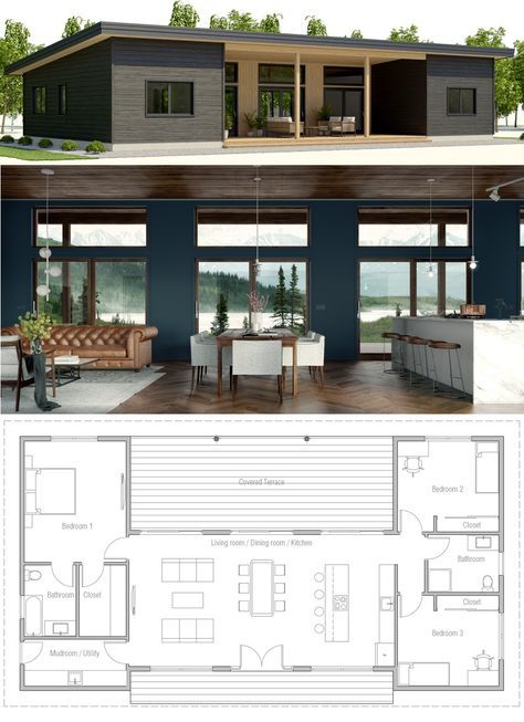 Small House Plan - perfect layout 3 Bedroom Layout Floor Plans, C Shaped Floor Plan, Small Open Plan House Layout, Modern House Design Plans Architecture, Minimalist Home Plans Layout, Small Rectangle Home Floor Plans, Minimalistic House Plans, Rectangle Floor Plans Open, Beach House Bungalow Floor Plans