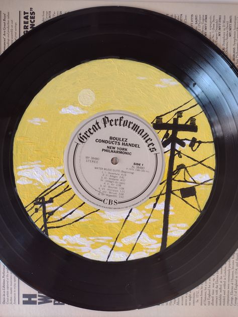 'A Yellow Day' is an orginal painting, hand painted on a 12 inch vintage vinyl record. This cannot be played and has a UV seal to keep bright colors. Painted Record For Boyfriend, Cool Record Paintings, Paint On Records, Painted Record Ideas, Decorated Records, Painting Records Vinyl, Painting Records Ideas, Vynal Record Art, Painting Vinyl Records